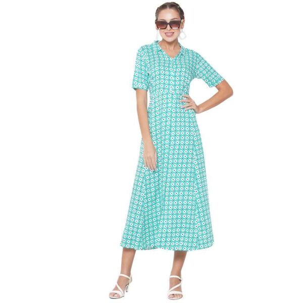 Women's Long Ankle Length Buttoned Down Checked V Neck Half Sleeve Shirt Collar Dress