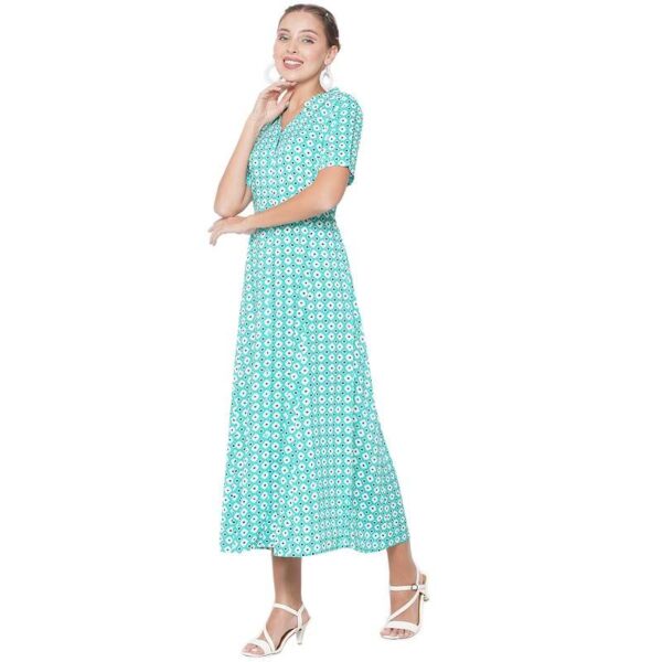 Women's Long Ankle Length Buttoned Down Checked V Neck Half Sleeve Shirt Collar Dress
