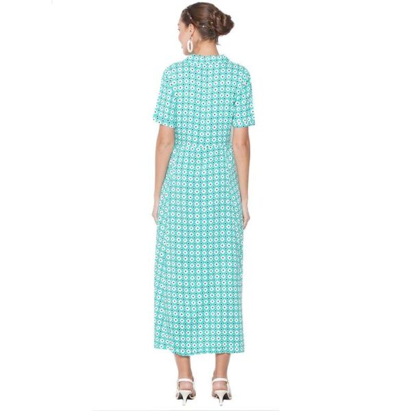 Women's Long Ankle Length Buttoned Down Checked V Neck Half Sleeve Shirt Collar Dress