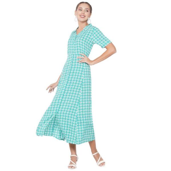 Women's Long Ankle Length Buttoned Down Checked V Neck Half Sleeve Shirt Collar Dress